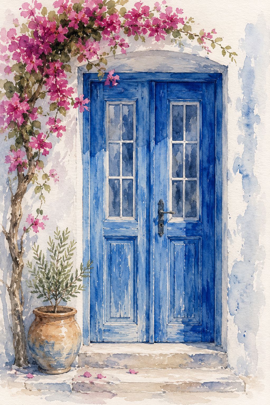 Santorini Blue Door Watercolor Print